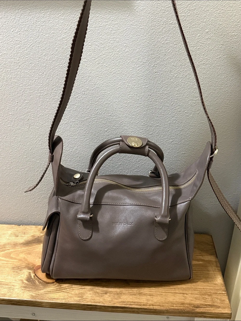 See By Chloe Taupe Leather Satchel with Perforated Strap